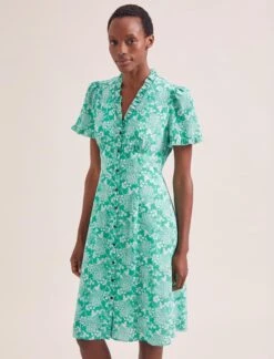 Tabby Silk Tea Dress - Green Damask Print -Cefinn Clothing Store SU24 D579 TABBY GREEN DAMASK PRINT LS 0318