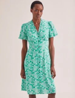 Tabby Silk Tea Dress - Green Damask Print -Cefinn Clothing Store SU24 D579 TABBY GREEN DAMASK PRINT LS 0320