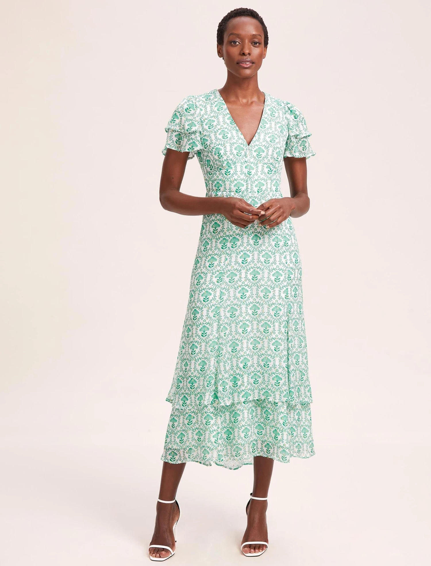 Lotta Gold Metallic Fil Coupé Maxi Dress - Pale Green Carnation Print 4 Lotta Gold Metallic Fil Coupé Maxi Dress - Pale Green Carnation Print - Image 2