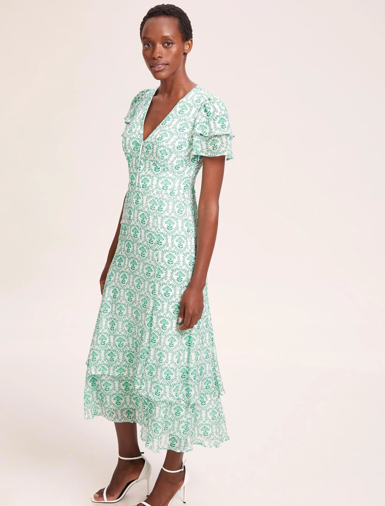 Lotta Gold Metallic Fil Coupé Maxi Dress - Pale Green Carnation Print 6 Lotta Gold Metallic Fil Coupé Maxi Dress - Pale Green Carnation Print - Image 4