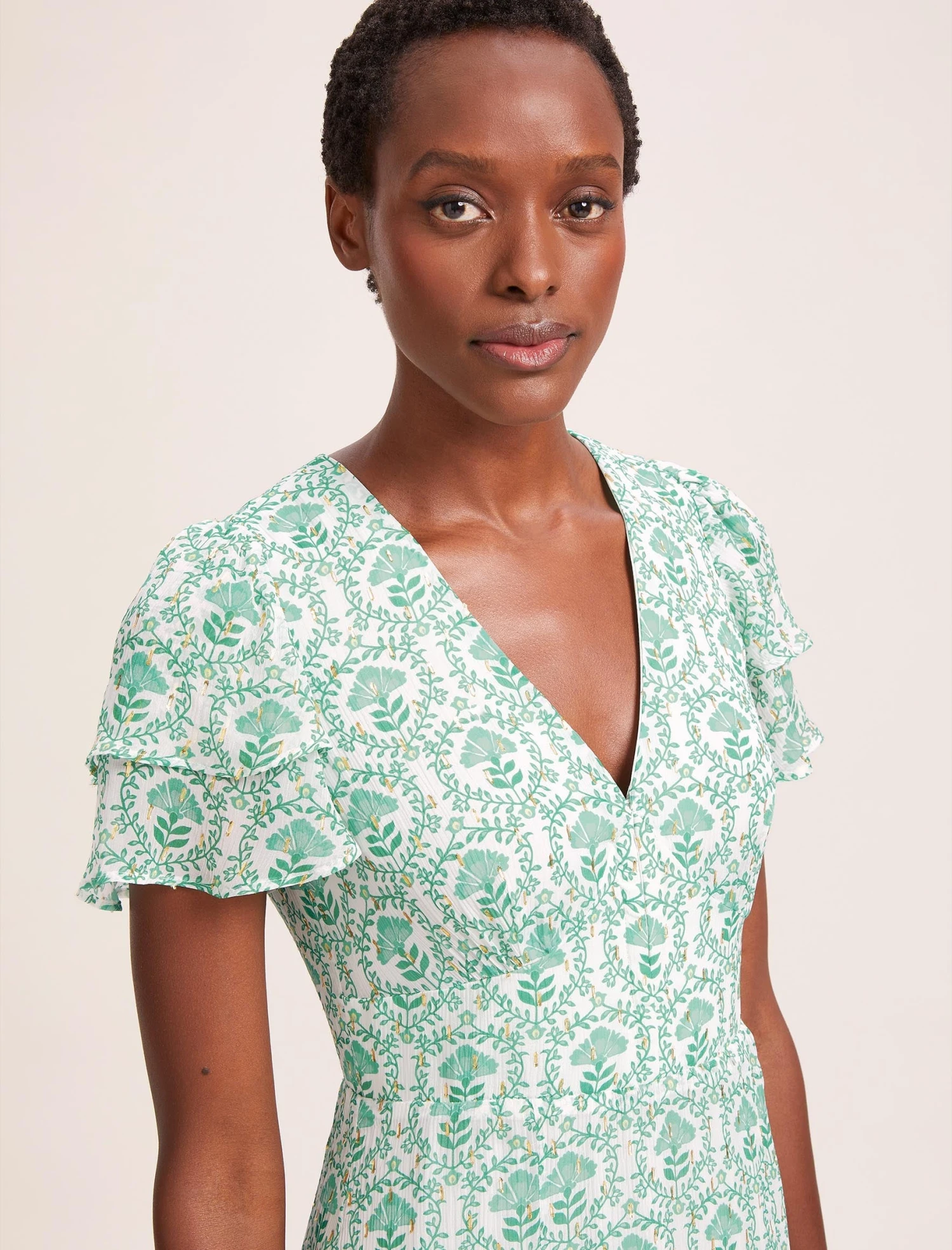 Lotta Gold Metallic Fil Coupé Maxi Dress - Pale Green Carnation Print 9 Lotta Gold Metallic Fil Coupé Maxi Dress - Pale Green Carnation Print - Image 7