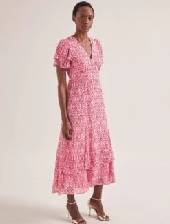 Lotta Gold Metallic Fil Coupé Maxi Dress - Pink Carnation Print -Cefinn Clothing Store SU24 D618 LOTTA PINK CARNATION LS 0272