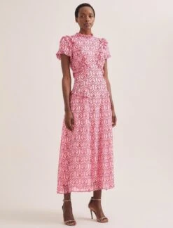 Mirabel Gold Metallic Fil Coupé Maxi Dress - Pink Carnation Print -Cefinn Clothing Store SU24 D619 MIRABEL PINK CARNATION PRINT 688 850