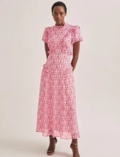 Mirabel Gold Metallic Fil Coupé Maxi Dress - Pink Carnation Print -Cefinn Clothing Store SU24 D619 MIRABEL PINK CARNATION PRINT 688 870