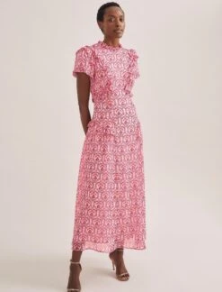 Mirabel Gold Metallic Fil Coupé Maxi Dress - Pink Carnation Print -Cefinn Clothing Store SU24 D619 MIRABEL PINK CARNATION PRINT 688 873