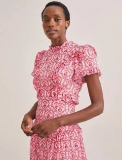 Mirabel Gold Metallic Fil Coupé Maxi Dress - Pink Carnation Print -Cefinn Clothing Store SU24 D619 MIRABEL PINK CARNATION PRINT 688 890