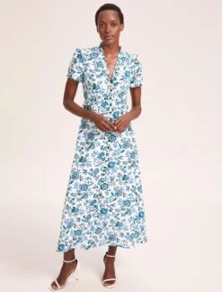 Liliana Cotton Blend Maxi Dress - White Blue Palm Floral 11 Liliana Cotton Blend Maxi Dress - White Blue Palm Floral -Cefinn Clothing Store SU24 D620 LILIANA WHITEBLUEPALMFLORAL LS 39475