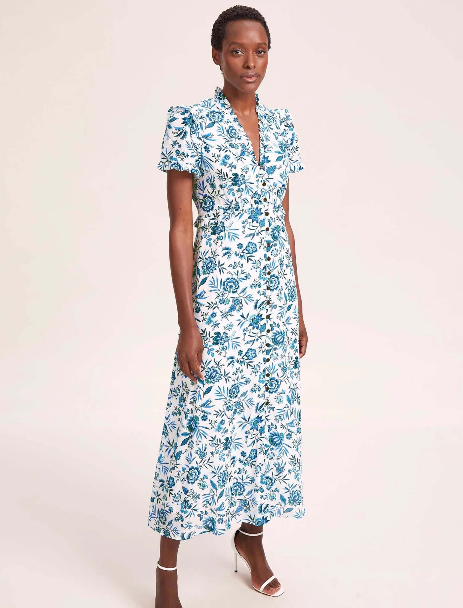 Liliana Cotton Blend Maxi Dress - White Blue Palm Floral 3 Liliana Cotton Blend Maxi Dress - White Blue Palm Floral