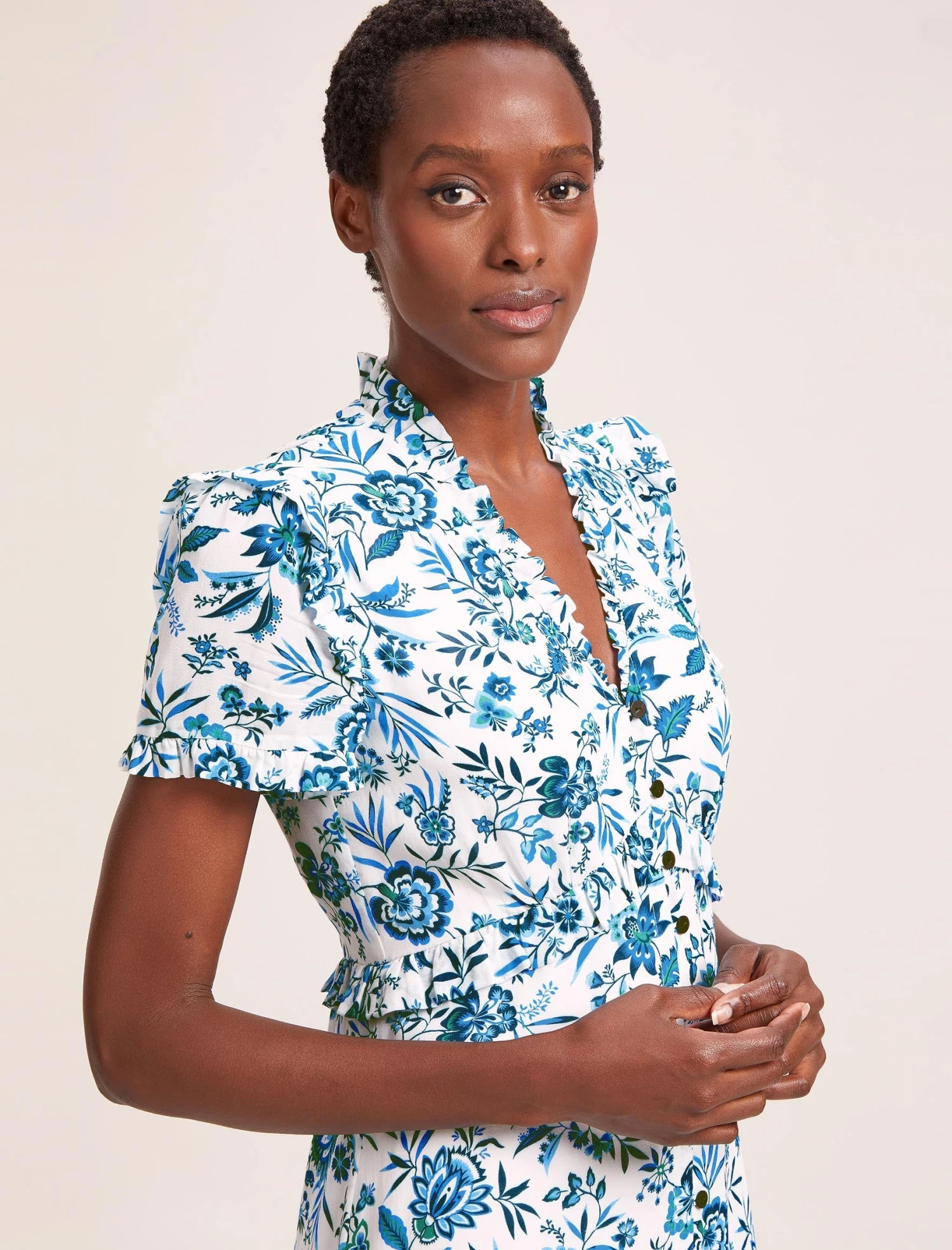 Liliana Cotton Blend Maxi Dress - White Blue Palm Floral 4 Liliana Cotton Blend Maxi Dress - White Blue Palm Floral - Image 2