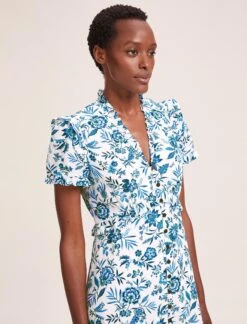 Liliana Cotton Blend Maxi Dress - White Blue Palm Floral 12 Liliana Cotton Blend Maxi Dress - White Blue Palm Floral -Cefinn Clothing Store SU24 D620 LILIANA WHITEBLUEPALMFLORAL LS 39508