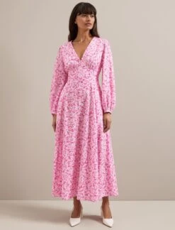 Cora Cotton Blend Maxi Dress - Hot Pink Blossom Print