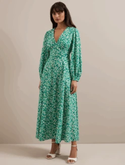 Cora Cotton Blend Maxi Dress - Mid Green Blossom Print -Cefinn Clothing Store SU24 D636 CORA MIDGREENBLOSSOMPRINT LS 1730
