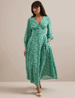 Cora Cotton Blend Maxi Dress - Mid Green Blossom Print -Cefinn Clothing Store SU24 D636 CORA MIDGREENBLOSSOMPRINT LS 1745