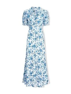 Viola Cotton Blend Bias Cut Maxi Dress - White Blue Palm Floral -Cefinn Clothing Store SU24 D637 VIOLA WHITEBLUEPALMFLORALPRINT LS