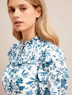 Viola Cotton Blend Bias Cut Maxi Dress - White Blue Palm Floral -Cefinn Clothing Store SU24 D637 VIOLA WHITEBLUEPALMFLORALPRINT LS 25650