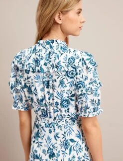 Viola Cotton Blend Bias Cut Maxi Dress - White Blue Palm Floral -Cefinn Clothing Store SU24 D637 VIOLA WHITEBLUEPALMFLORALPRINT LS 25660