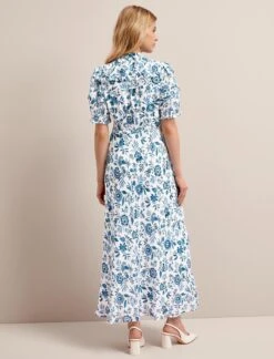 Viola Cotton Blend Bias Cut Maxi Dress - White Blue Palm Floral -Cefinn Clothing Store SU24 D637 VIOLA WHITEBLUEPALMFLORALPRINT LS 25682