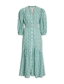 Aspen Cotton Blend Maxi Dress - White Green Tudor Rose Print -Cefinn Clothing Store SU24 D639 ASPEN WHITEGREENTUDORROSEPRINT CO