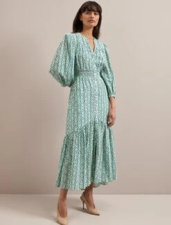 Aspen Cotton Blend Maxi Dress - White Green Tudor Rose Print -Cefinn Clothing Store SU24 D639 ASPEN WHITEGREENTUDORROSEPRINT LS 572