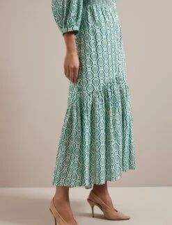 Aspen Cotton Blend Maxi Dress - White Green Tudor Rose Print -Cefinn Clothing Store SU24 D639 ASPEN WHITEGREENTUDORROSEPRINT LS 668