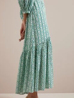 Aspen Cotton Blend Maxi Dress - White Green Tudor Rose Print -Cefinn Clothing Store SU24 D639 ASPEN WHITEGREENTUDORROSEPRINT LS 671