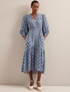 Aspen Cotton Blend Maxi Dress - Blue Ditsy Carnation Print -Cefinn Clothing Store SU24 D639 ASPIN BLUEDITSY CARNATION PRINT LS 5851