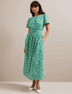 Nina Cotton Blend Maxi Dress - Mid Green Blossom Print -Cefinn Clothing Store SU24 D644 NINA MIDGREENBLOSSOMPRINT LS 051