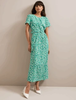 Nina Cotton Blend Maxi Dress - Mid Green Blossom Print -Cefinn Clothing Store SU24 D644 NINA MIDGREENBLOSSOMPRINT LS 071