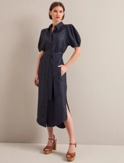 Lyra Techni Linen Maxi Shirt Dress - Navy -Cefinn Clothing Store SU24 D645 LYRA NAVY LS 24573