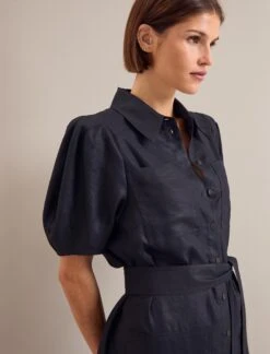 Lyra Techni Linen Maxi Shirt Dress - Navy -Cefinn Clothing Store SU24 D645 LYRA NAVY LS 24681