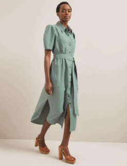 Lyra Techni Linen Maxi Shirt Dress - Sage Green -Cefinn Clothing Store SU24 D645 LYRA SAGEGREEN LS 679