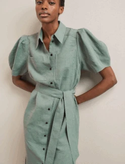 Lyra Techni Linen Maxi Shirt Dress - Sage Green -Cefinn Clothing Store SU24 D645 LYRA SAGEGREEN LS 743