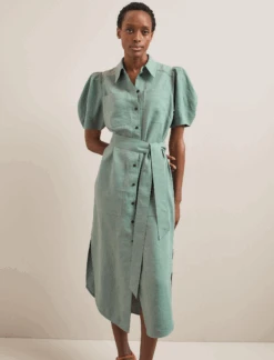 Lyra Techni Linen Maxi Shirt Dress - Sage Green -Cefinn Clothing Store SU24 D645 LYRA SAGEGREEN LS 757