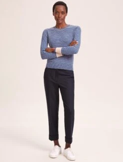 Jodi Cotton Jumper - Navy Blue Beige Stripe -Cefinn Clothing Store SU24 K139 JODI NAVYBLUEBEIGESTRIPE LS 40600