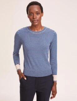 Jodi Cotton Jumper - Navy Blue Beige Stripe -Cefinn Clothing Store SU24 K139 JODI NAVYBLUEBEIGESTRIPE LS 40617