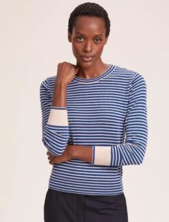 Jodi Cotton Jumper - Navy Blue Beige Stripe -Cefinn Clothing Store SU24 K139 JODI NAVYBLUEBEIGESTRIPE LS 40656