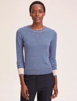 Jodi Cotton Jumper - Navy Blue Beige Stripe -Cefinn Clothing Store SU24 K139 JODI NAVYBLUEBEIGESTRIPE LS 40657