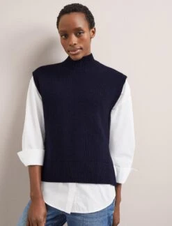 Janice Cotton Blend Funnel Neck Sleeveless Jumper - Navy -Cefinn Clothing Store SU24 K177 JANICE NAVY LS 2021