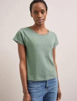 Madison Linen Blend Round Neck Knit T-Shirt - Sage Green -Cefinn Clothing Store SU24 K186 MADISON SAGEGREEN LS 1888