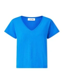 Madison Linen Blend V Neck Knit T-Shirt - Bright Blue -Cefinn Clothing Store SU24 K187 MADISON BRIGHTBLUE CO