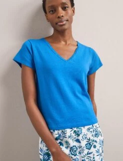 Madison Linen Blend V Neck Knit T-Shirt - Bright Blue -Cefinn Clothing Store SU24 K187 MADISON BRIGHTBLUE LS 1661