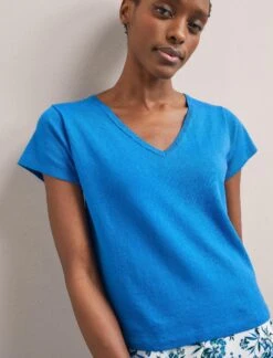 Madison Linen Blend V Neck Knit T-Shirt - Bright Blue -Cefinn Clothing Store SU24 K187 MADISON BRIGHTBLUE LS 1664