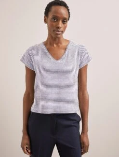Madison Linen Blend V Neck Knit T-Shirt - White Navy Stripe -Cefinn Clothing Store SU24 K187 MADISON WHITENAVYSTRIPE LS 2971