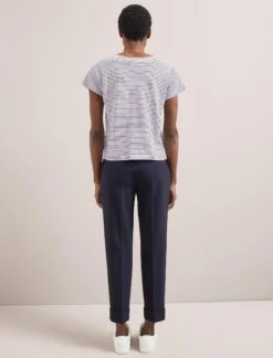 Madison Linen Blend V Neck Knit T-Shirt - White Navy Stripe -Cefinn Clothing Store SU24 K187 MADISON WHITENAVYSTRIPE LS 2979
