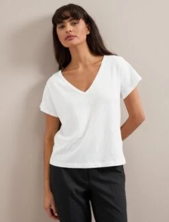 Madison Linen Blend V Neck Knit T-Shirt - White -Cefinn Clothing Store SU24 K187 MADISON WHITE LS 3606