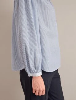 Erica Organic Cotton Shirt - Mid Stripe Blue White -Cefinn Clothing Store SU24 S87 ERICA BLUE WHITE STRIPE LS 0677