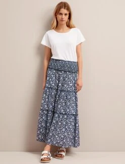 Kira Cotton Blend Maxi Skirt - Blue Ditsy Carnation Print -Cefinn Clothing Store SU24 SK169 KIRA BLUEDITSYCARNATIONPRINT LS 26597