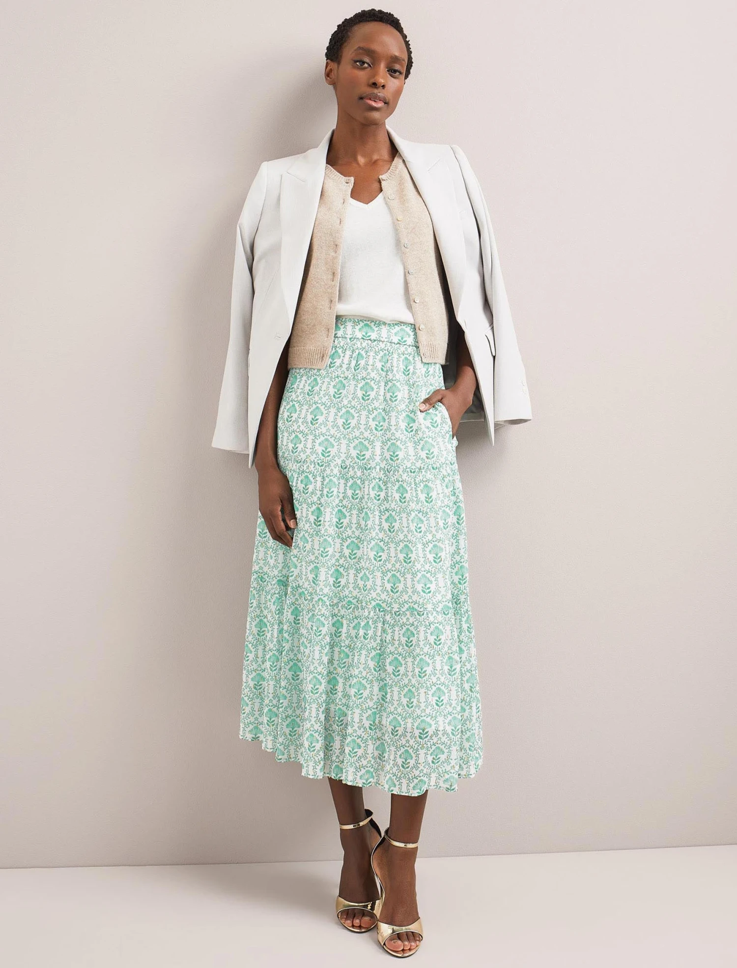 Sedra Gold Metallic Fil Coupé Maxi Skirt - Pale Green Carnation Print 4 Sedra Gold Metallic Fil Coupé Maxi Skirt - Pale Green Carnation Print - Image 2