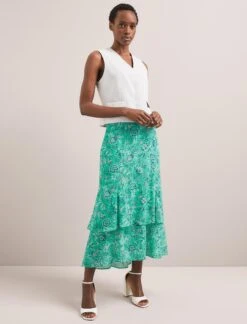Lotta Cotton Blend Maxi Skirt - Green White Palm Floral -Cefinn Clothing Store SU24 SK189 LOTTA GREENWHITEPALMFLORALPRINT LS 154