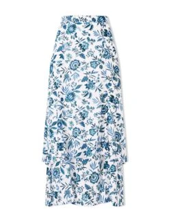 Lotta Cotton Blend Maxi Skirt - White Blue Palm Floral -Cefinn Clothing Store SU24 SK189 LOTTA WHITEBLUEPALMFLORALPRINT CO